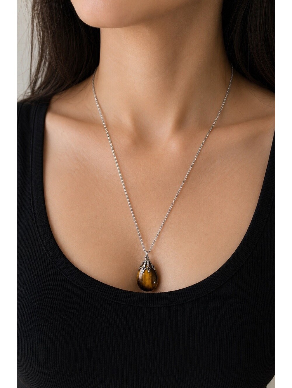 Vintage Germany Tiger Eye Teardrop Pendant Necklace Silver Tone Chain 19.5 In
